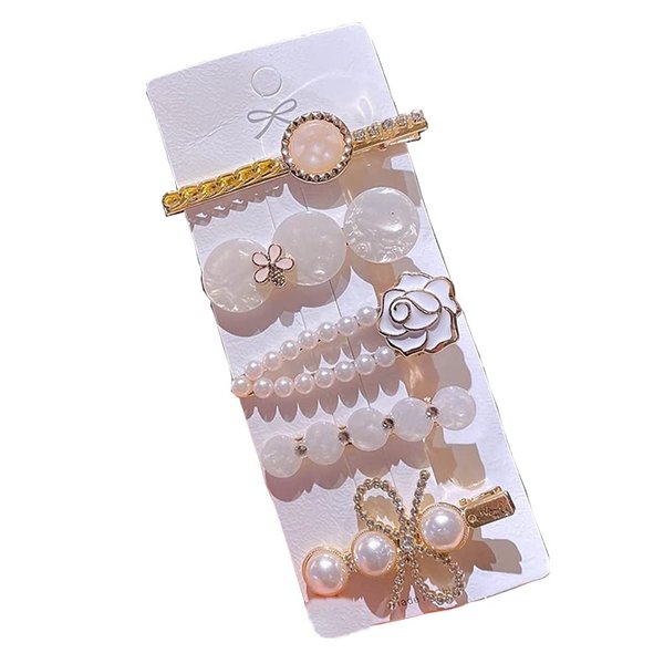 LNGLAT 5 PCS Hair Clip Set Pearl and Rhinestone Hairpins Metal Handmade Hair Barrettes Trendy Flower Headwear for Women Girls