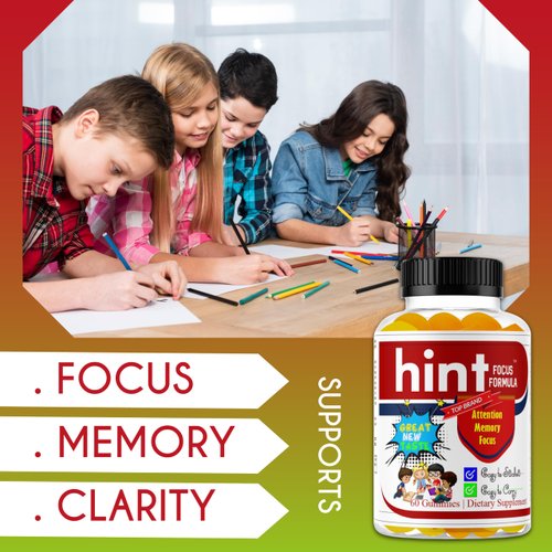 Hint Kids Brain Focus Vitamins for Kids & Teens, Children Attention Gummies Chewable Nootropic Omega 3 Supplement Support Brain Clarity 60ct