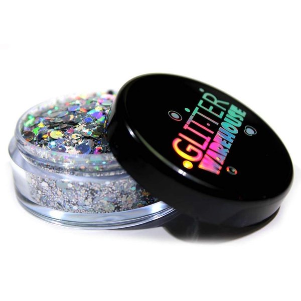 Festival Chunky Silver Holographic Glitter Mix GLITTERWAREHOUSE COSMETIC GLITTER Loose Glitter Powder for Festival Makeup Face Body Hair Nails Eyes Lips (50g Resealable Bag)