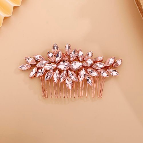 Teyglen Rhinestone Headpiece Bridal Crystal Hair Comb Full Pink Crystal Side Comb Hair Accessories Wedding Hair Piece for Women Girls