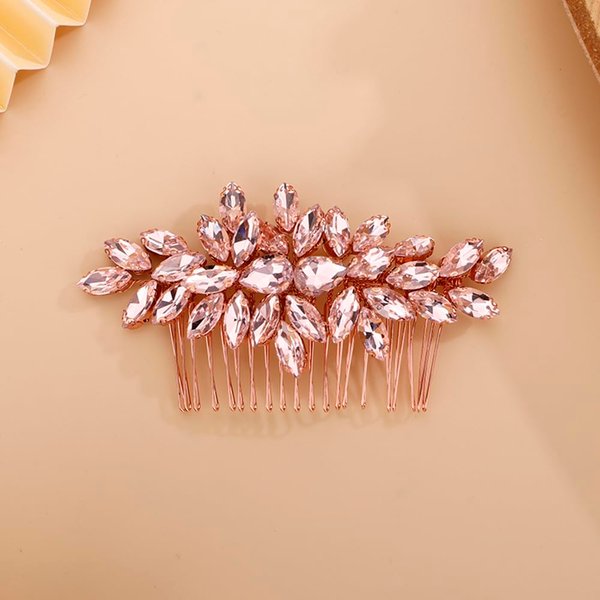 Teyglen Rhinestone Headpiece Bridal Crystal Hair Comb Full Pink Crystal Side Comb Hair Accessories Wedding Hair Piece for Women Girls