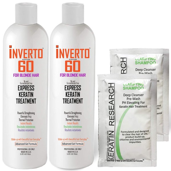 Keratin Treatment for Blonde Hair INVERTO 60 Brazilian Keratin Express Blowout Treatment Specifically Designed for blonde and Light Colored Hair Formaldehyde Free by Inverto Revolution (2x120ml)