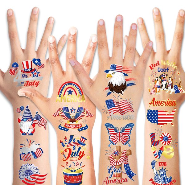 HOWAF 4th of July Temporary Tattoo, Independence Day Shine Metallic Tattoo Stickers for American July Fourth Party USA Patriotic Party Decorations, Red White Blue Foil Face Tattoos