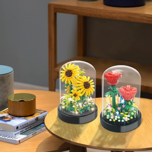2 Flowers Bouquet Sunflowers - Rose Building Kit Not Compatible with Lego, Creative Bonsai Tree Succulents Plant Blocks with LED Light, Botanical Collection Home Office Decor Ideal Gift for Kid