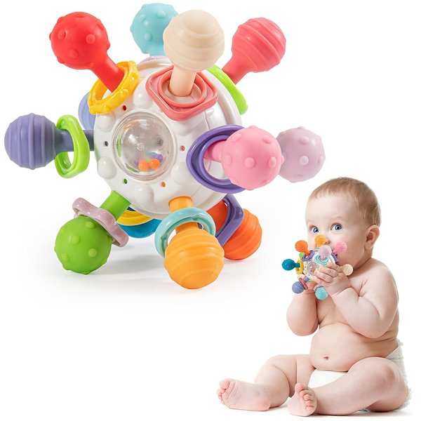 Baby Teething Teether Toys for Babies 3-6-12 Months, Baby Sensory Teething Ball Toys, Easy to Hold Infant Teether Rattle Chew Toys for 0-3-6-12-18 Months Baby Girl Boy Gifts (White)
