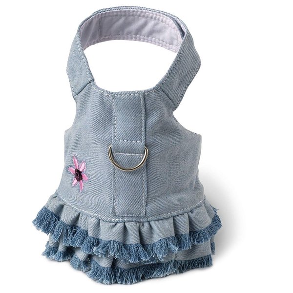 Doggles Dog Harness Dress with Jean Fringe, Blue, Teacup