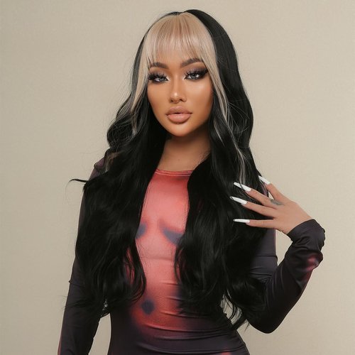Allbell Long Wavy Black Wigs for Women With Blonde Bangs Golden Front Highlight Hair Cosplay Wig Heat Resistant Fiber Daily Use Party Cosplay