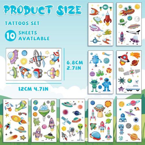 10 Sheets Space Temporary Tattoos for Kids,Fake Tattoo Stickers for Boys and Girls Party Favors Supplies, Cute Astronaut Rocket Planet Extraterrestrial Fake Tattoo Stickers