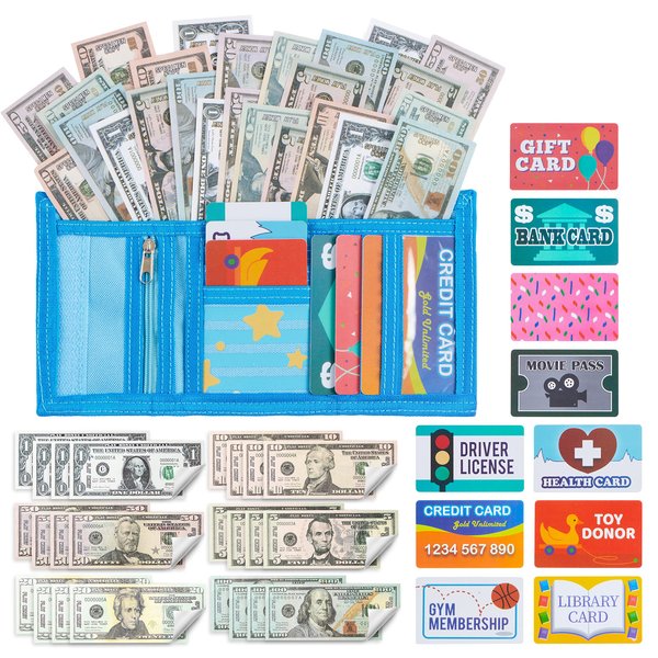 JOYIN 35PCS Kids Pretend Money, Play Credit Cards Set, Toddler Wallet, Single-Sided Printed Currency (Copy) for Cash Register Play, Math Learning Toy, Dress Up Party Favors, Christmas Birthday Gift