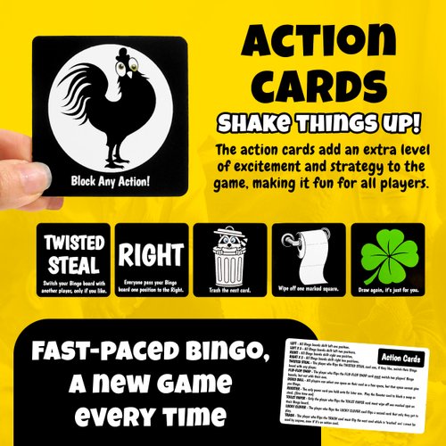 Bingo with a Twist Party Game, Bingo with Action Cards, Fun Twist on Traditional Bingo, Bingo Action Cards with a Block, Swap, and Steal, no More Bingo Balls, It's Anyone's Game! (Family Edition)