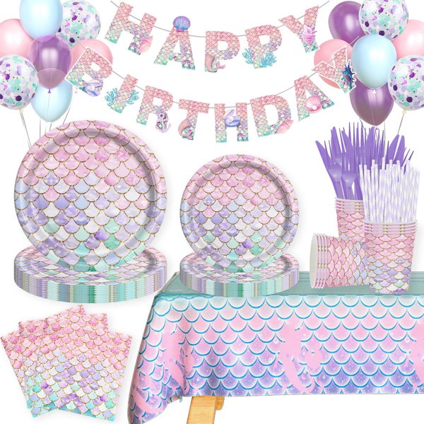 Party Inspo Mermaid Birthday Party Supplies Set, 194 PCs Little Mermaid Birthday Decorations with Tableware, Mermaid Themed Balloon Banner Plates Napkins Cups Forks for Girls Birthday