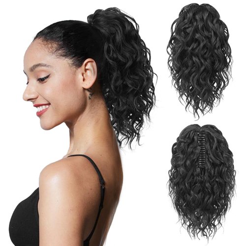 FLUFYMOOZ Ponytail Extension, 12" Short Claw Ponytail Extension Wavy Curly Jaw Clip in Pony tails Hair Extension Natural Synthetic Hairpiece for Women (Natural Black)