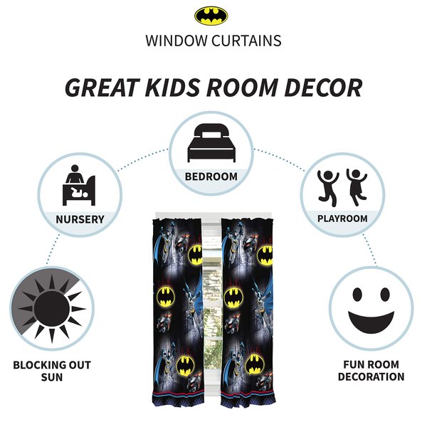 Franco Kids Room Window Curtain Panels Drapes Set, 82 in x 63 in, Batman