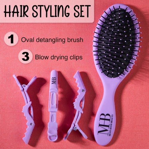 Expressions 4pc Wet & Dry Detangling Hair Brush + Blow Dry Clips Set in Lavender -Free Blow Dry Clip Value Pack, Hair Brush & Heat Resistant Hair Styling Clips | Professional Quality