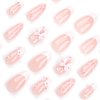Foccna French Press on Nails Medium Rhinestone Pink Fake Nails Almond Bling Glossy 3D Flower False Nail Tips Artificial Nails Finger Manicure for Women&Girls -24 pcs