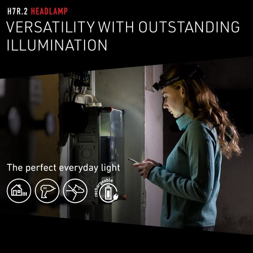 Ledlenser, H7R.2 Rechargeable Headlamp, High Power LED, 300 Lumens, Hands-Free Light for Outdoor Use, Home, Camping, Black