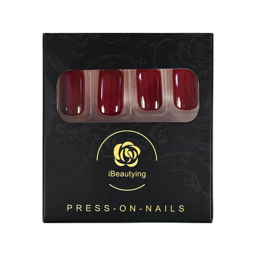 iBeautying Press on Nails - Press On Nails - Burgundy Claret Red Pure Color False Nails | UV Gel Finish Short Square Solid Reusable Fake Nails in 10 Sizes - 24 Nail Kit with Jelly Glue Pad