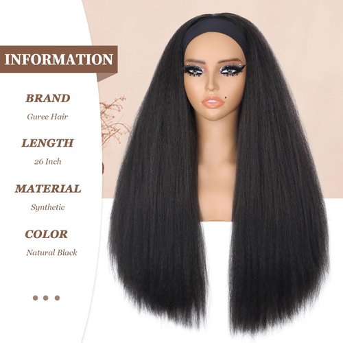 Guree Hair 26 Inch Kinky Straight Headband Wigs for Black Women Long Yaki Straight Wig with Hair Band Wear And Go Glueless Wig None Lace Front Synthetic Wig For Daily Party Use