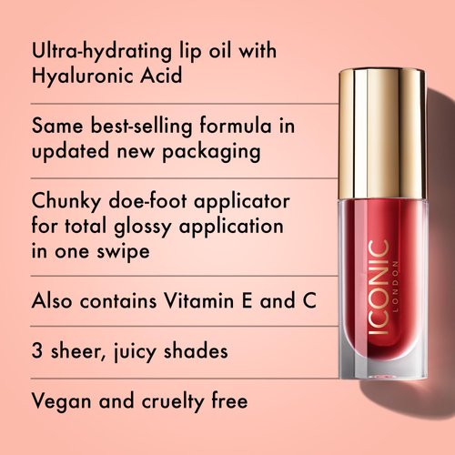 ICONIC LONDON Lustre Lip Oil | Non Sticky, Moisturizing and High Shine Lip Oil, Containing Vitamin C and Hyaluronic Acid, Cruelty Free, Vegan Makeup, One to Watch (Red), 6 mL/ 0.2 Fl Oz