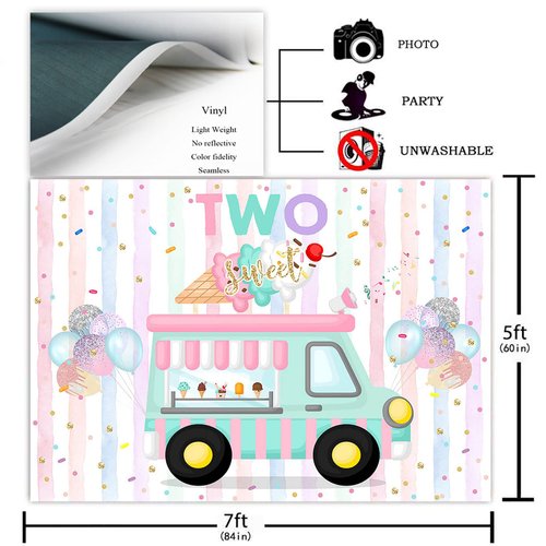 Avezano Ice Cream Birthday Backdrop for Two Sweet Birthday Party Decorations Two Sweet Ice Cream Truck 2nd Birthday Party Banner Cake Table Supplies Photography Background (7x5ft)
