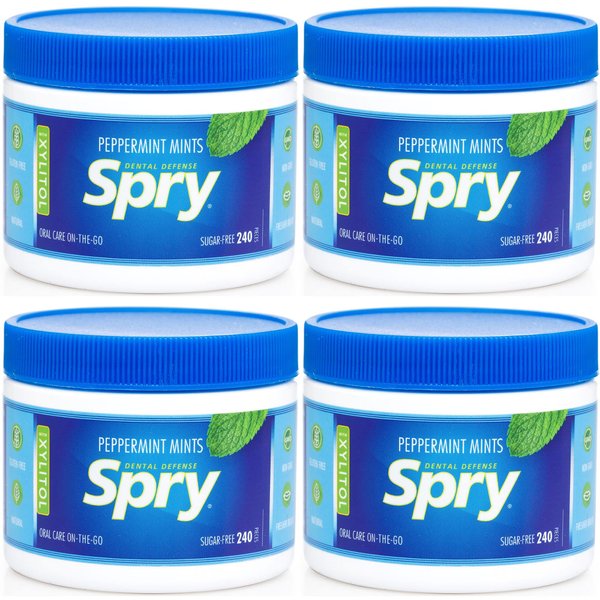 Spry Xylitol Peppermint Sugar Free Candy - Breath Mints That Promote Oral Health, Dry Mouth Mints That Increase Saliva Production, Stop Bad Breath, 240 Count (Pack of 4)