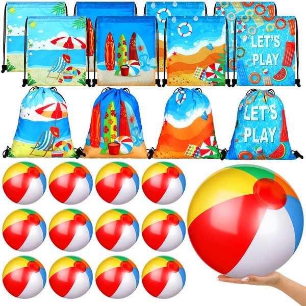 Talltalk 24 Pcs Summer Pool Party Favors Include 12 Pcs Mini Beach Balls Bulk Inflatable Pool Toys 12 Pcs Beach Drawstring Gift Bag for Hawaiian Beach Birthday Party Decorations Baby Shower Supplies