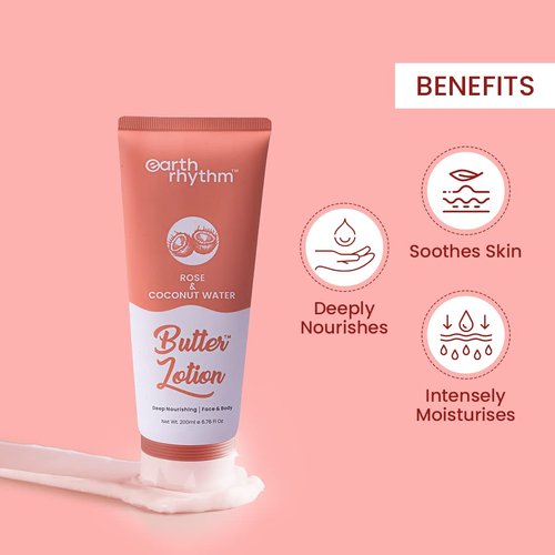 Earth Rhythm Rose & Coconut Water Butter Lotion | Soothing, Deeply Nourishing & Intensely Moisturising | for All Skin Type | Men & Women