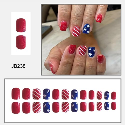 4th of July Short Square Fake Nails Independence Day Press on Nails with Stars Glitter Designs Glossy Petite Acrylic Nails 4th of July Artificial Nails for Women Patriotic Manicure Decorations 24pcs