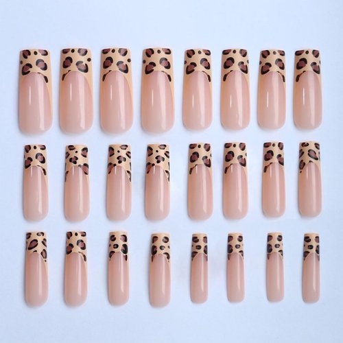 IMRAIN Leopard Print Press on Nails Long Square Fake Nails Brown French Tips False Nails with Designs Glossy Glue on Nails Full Cover Acrylic Artificial Squoval Fall Stick on Nails for Women 24Pcs