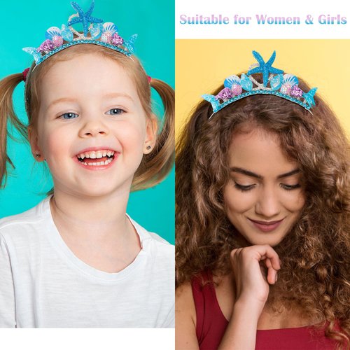 Atoden Mermaid Tiara and Sash, Blue Princess Costume Headwear, Starfish Seashell Mermaid Tail Headpiece, Happy Birthday Accessories for Girls and Women, Party Supplies Costume Gifts