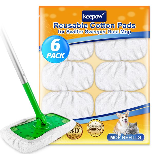 KEEPOW Reusable Wet Pads for Swiffer Sweeper Mop, Dry Sweeping Cloths, Washable Duster Mopping Refills for Wet & Dry Floor Cleaning, 100% Cotton, 6 Pack (Mop is Not Included)