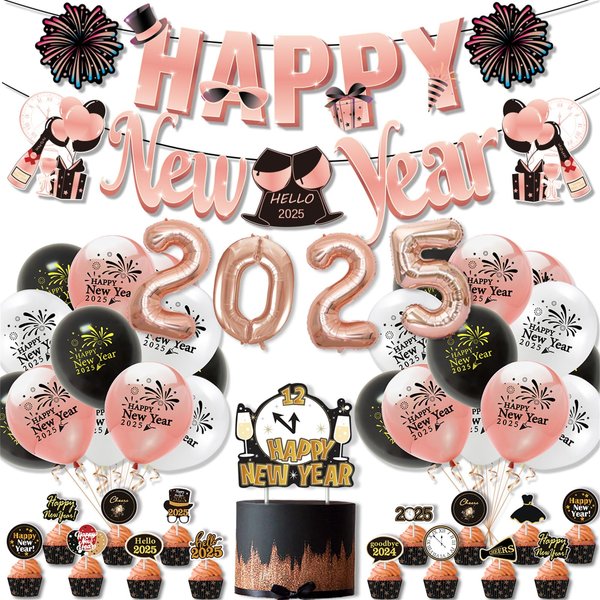 41 Pieces Pink 2025 Happy New Years Decorations Set Includes Happy New Year Banner, Balloons, 2025 Foil Balloons, Cake Topper and Cupcake Toppers for New Years Eve 2025 Happy New Years Party Supplies