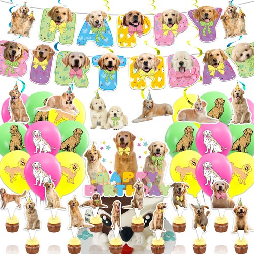 Golden Retriever Party Decorations Golden Retriever Birthday Party Supplies Includes Dog Birthday Banner Hanging Swirls Cake Topper Cupcake Toppers Balloons for Golden Retriever Birthday Decorations