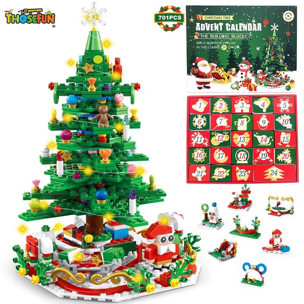 Advent Calendar 2024 Rotating Christmas Tree Building Toy Gift Sets, 24 Days Surprise Christmas Countdown Calendar Building Blocks Creative Gifts for Adults Kids Teens Boys Ages 8+