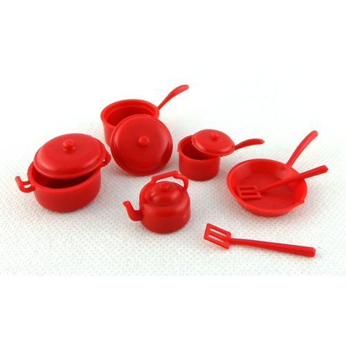 DOLLHOUSE MINIATURES 10 PC RED KITCHENWARE SET #G6208