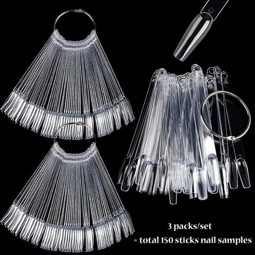 Fcozpjk Nail Swatch Sticks, 150Pcs Clear Nail Color Swatch Sticks with Ring, Ballerina Practice Nail Tips, Nail Polish Display Sample Sticks, Nail Stuff for Nail Techs