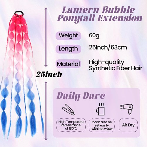Long Braided Bubble Colored Hair Extensions, 25 Inches Bubble Kinky Rave Straight Ombre Lantern Braid Extension with Hair Tie Hairpieces for Girls Daily Wear
