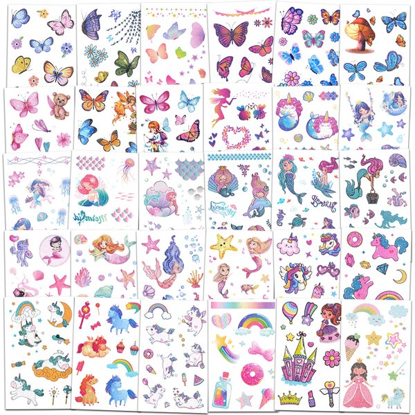 Ozepao Glitter Temporary Tattoo for Girls, 30 Sheets Mix Butterfly Mermaid Unicorn Tattoo Stickers for Kids, Waterproof Fake Tattoos for Birthday Party Favors Goodie Bag Fillers