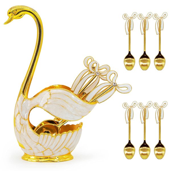 Flylin Coffee Dessert Spoon Set Metal Swan Base Holder Spoon Organizer with 6pcs Ice Cream Spoons Teaspoons Coffee Dessert Flatware (Gold)