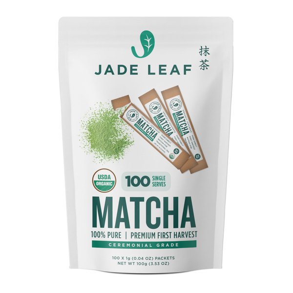 Jade Leaf Matcha Organic Ceremonial Grade Green Tea Powder - Farm Direct First Harvest - Single Serve Stick Packs - Authentic Japanese Origin (100 Count Single Serve Stick Pack Box)
