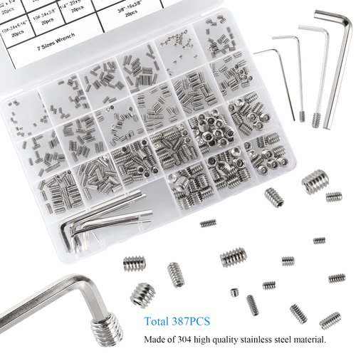 HanTof 380Pcs 19 Sizes #4-40 to 3/8"-16 UNC Standard SAE Hex Socket Cup Point Set Screws, Allen Head Grub Screws, Internal Hex Drive Headless Screws Assortment with 7pcs Hex Keys, 304 Stainless Steel
