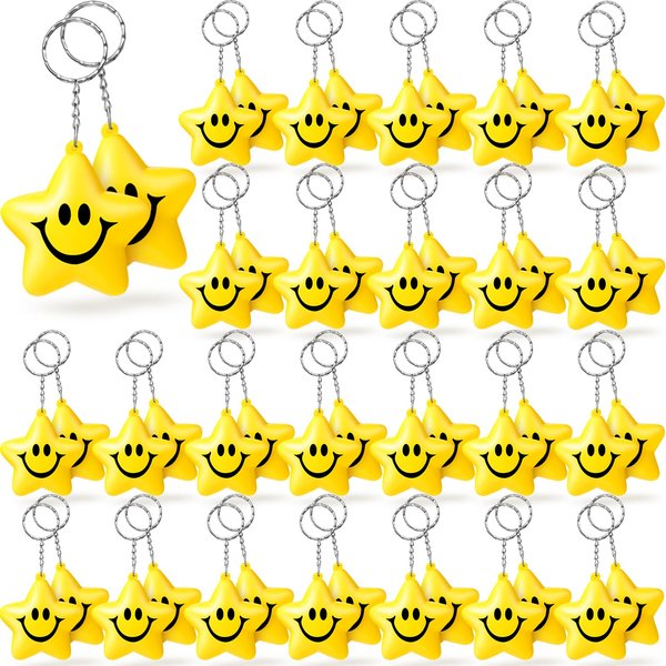 Macarrie 48 Pcs Star Stress Ball Keychains Bulk, Smile Face Keychain Mini Star Stress Ball for Kids Classroom Exchange Gifts Adults School Carnival Classroom Student Rewards Party Bag Fillers