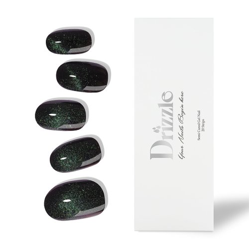 Drizzle Semi Cured Gel Nail Strips, Real Nail Polish Art Stickers (UV/LED Light Required), Glossy, Glitter, Solid Color, Full Nail Wraps Long Lasting Waterproof, Nail Strips Decal for Women (Onyx)