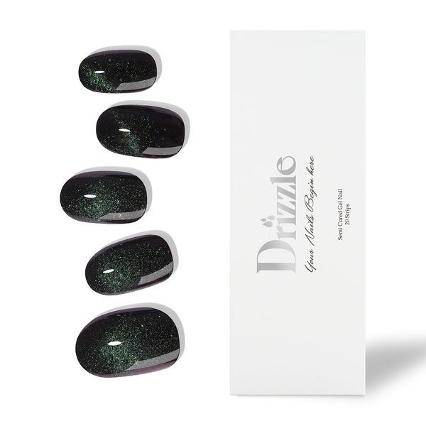 Drizzle Semi Cured Gel Nail Strips, Real Nail Polish Art Stickers (UV/LED Light Required), Glossy, Glitter, Solid Color, Full Nail Wraps Long Lasting Waterproof, Nail Strips Decal for Women (Onyx)