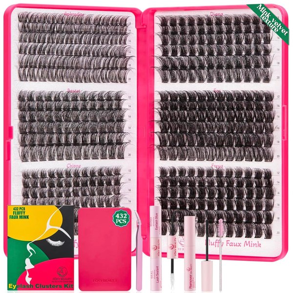 Lash Clusters 432pcs-Eyelash Clusters 11-18mm Lash Extension Kit Fluffy Lash Clusters Kit 40D 60D 80D 100D Eyelash Extension Kit,D Curl Cluster Eyelash Extensions With Bond Seal Remover applicator