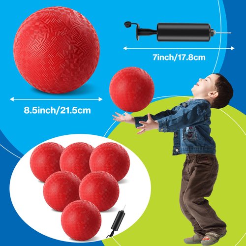 HSLCGF 6 Pcs Dodgeballs 8.5 Inch Playground Ball Red Kickball Inflatable Rubber Handball Bouncy Dodge Ball with 1 Hand Pump for Outdoors Ball Games Gym Camps Picnic (Needle is at The Top of The Pump)