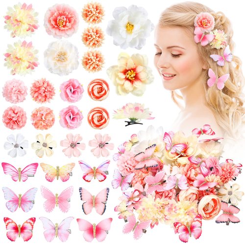 Bencailor 30 Pieces Flower Butterfly Hair Clips Handmade Flower Hair Clips Realistic Flower Hair Accessories Colorful Barrettes for Bride Women Wedding Flower Hair Pins Hairpin(Pink, White)