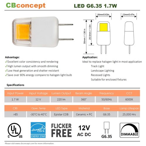 CBconcept UL-Listed, Low Voltage 12 Volt G6.35 LED Light Bulb, 5-Pack, Epistar COB 1.7 Watt, Dimmable, 220 Lumen, Pure White 6000K, 360° Beam Angle, 20W Halogen Replacement Bulb