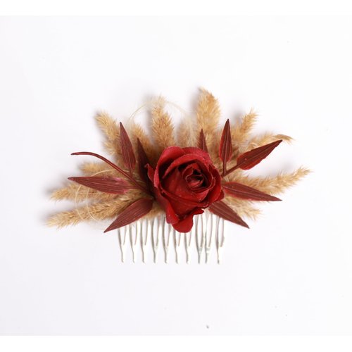 Ivory pampas grass burgundy rose hair comb, ivory burgundy rustic hair piece