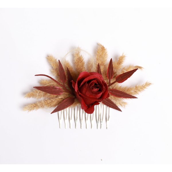 Ivory pampas grass burgundy rose hair comb, ivory burgundy rustic hair piece